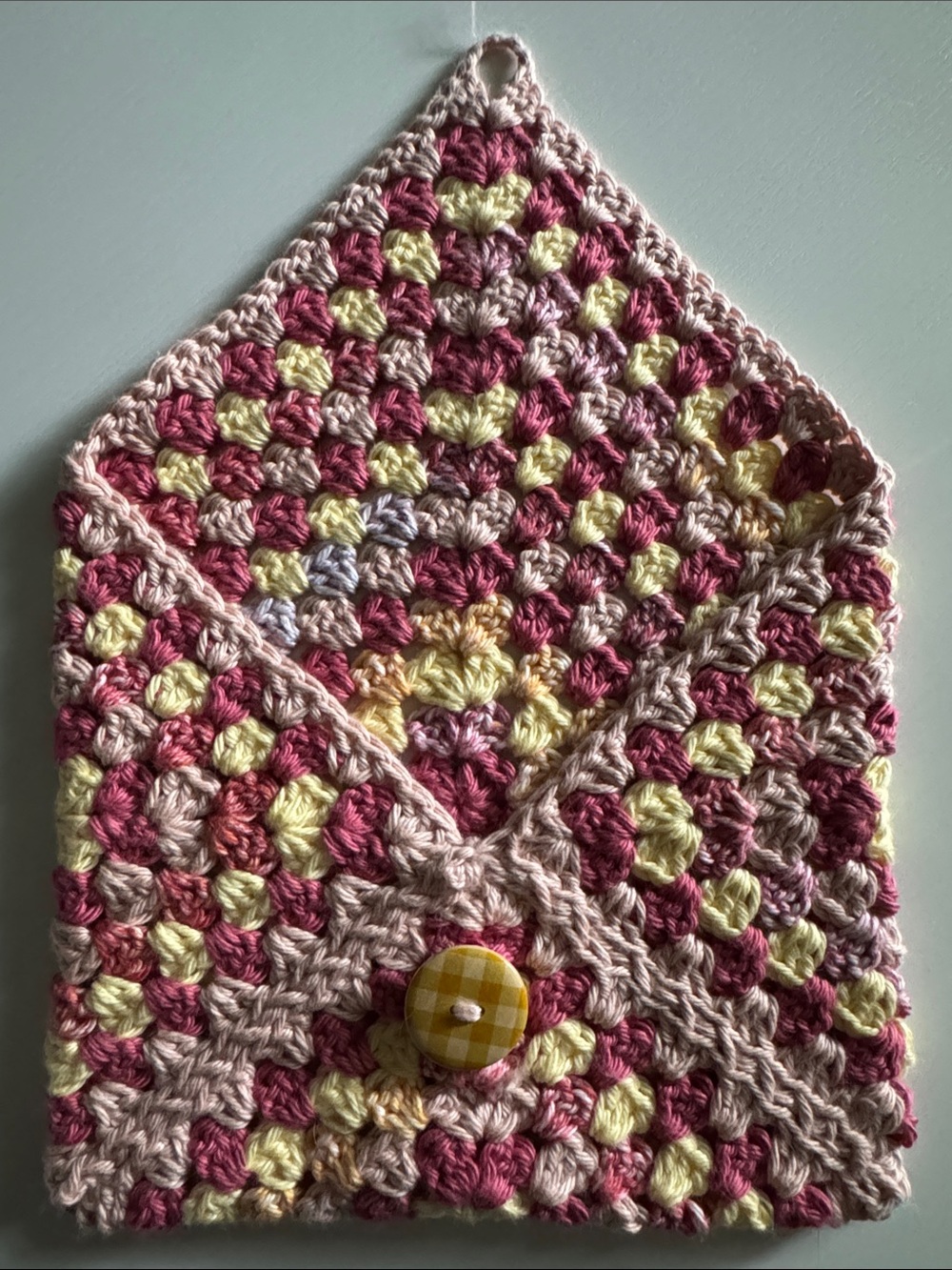 Crochet Envelope Tablet Sleeve in Pink, Cream & Yellow - 100% Cotton - Picture 3 of 5